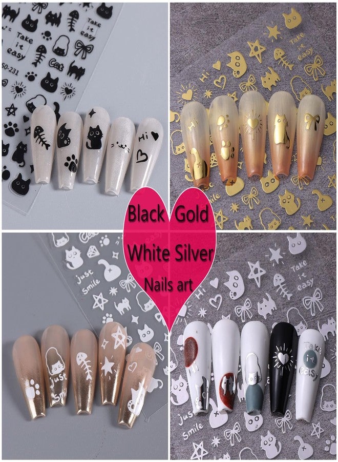 BSBTBZ Cat Nail Stickers - 8 Sheets Cute 3D Self Adhesive Gold Silver Black White Cat Design Decals for Kids, Girls, Women DIY Nail Decoration - Image 5